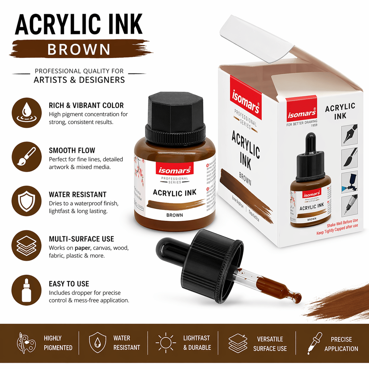 Acrylic Ink Brown 35ml | Waterproof Fast-Drying Artist Ink for Calligraphy, Painting, Airbrush & Mixed Media Art - Isomars