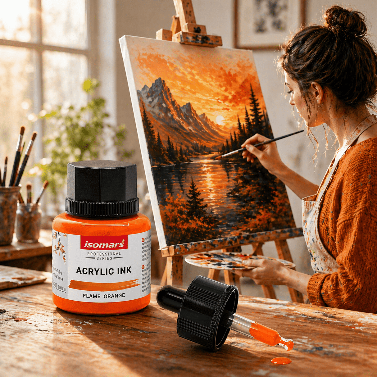 Acrylic Ink Orange 35ml | Waterproof Fast-Drying Artist Ink for Calligraphy, Painting, Airbrush & Mixed Media Art - Isomars