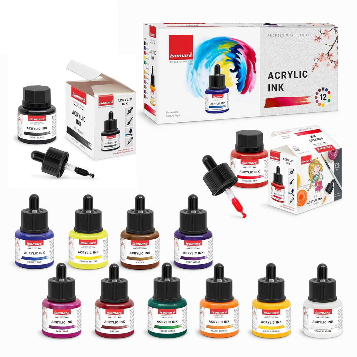 Acrylic Ink Set of 12 Colors with Dropper | Waterproof, Lightfast Professional Artist Inks for Canvas, Fabric, Illustration & Airbrush - Isomars