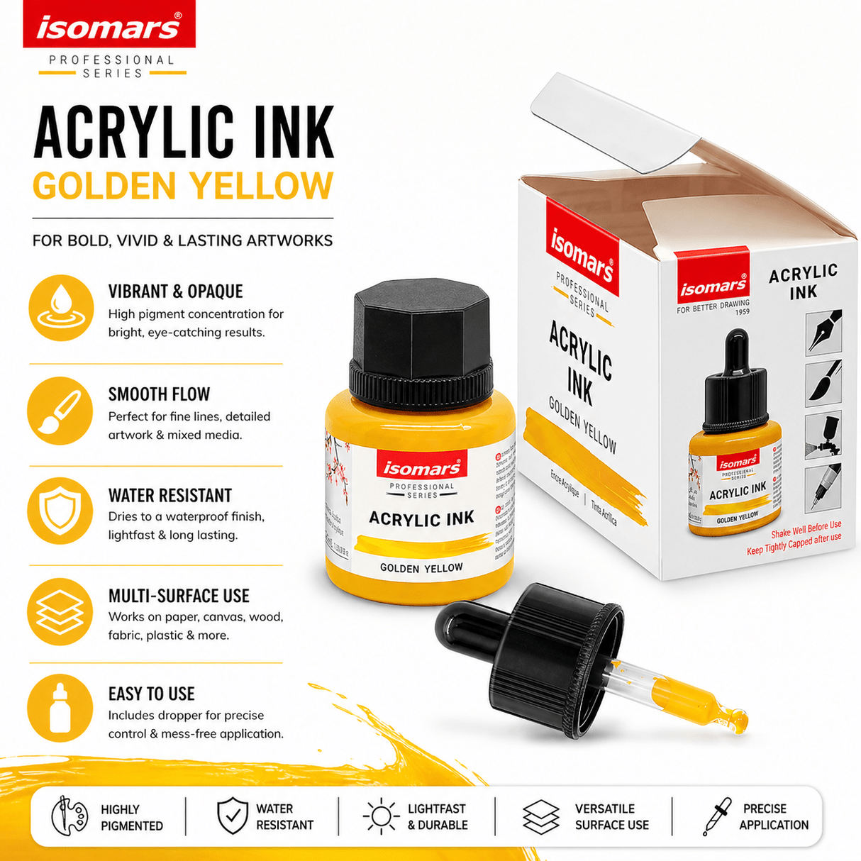Acrylic Ink Yellow 35ml | Waterproof Fast-Drying Artist Ink for Calligraphy, Painting, Airbrush & Mixed Media Art - Isomars