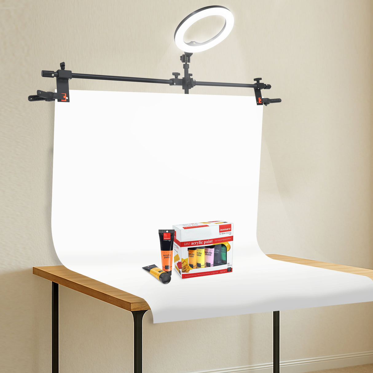 ISOMARS Backdrop Stand, Background Sheet Holder Stand, T-Shape Backdrop Stand, 33 inches Height & 41 inches Length, Table Holding C clamp, Adjustable Height and Backdrop, Phtography Stand