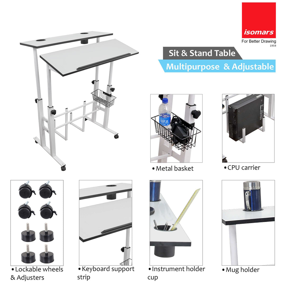 Isomars Sit/Stand Multipurpose Adjustable Table Professional Computer Workstation Extra Long Table top Dedicated Space for CPU Comes with Wheels & Floor Adjusters(36" X 12"/92cm X 30CM Wide White)