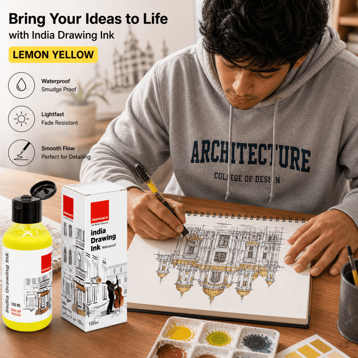 India Waterproof Drawing Ink Lemon Yellow 100ml | Permanent Lightfast Artist Ink for Calligraphy, Airbrush, Illustration & Fabric Painting - Isomars