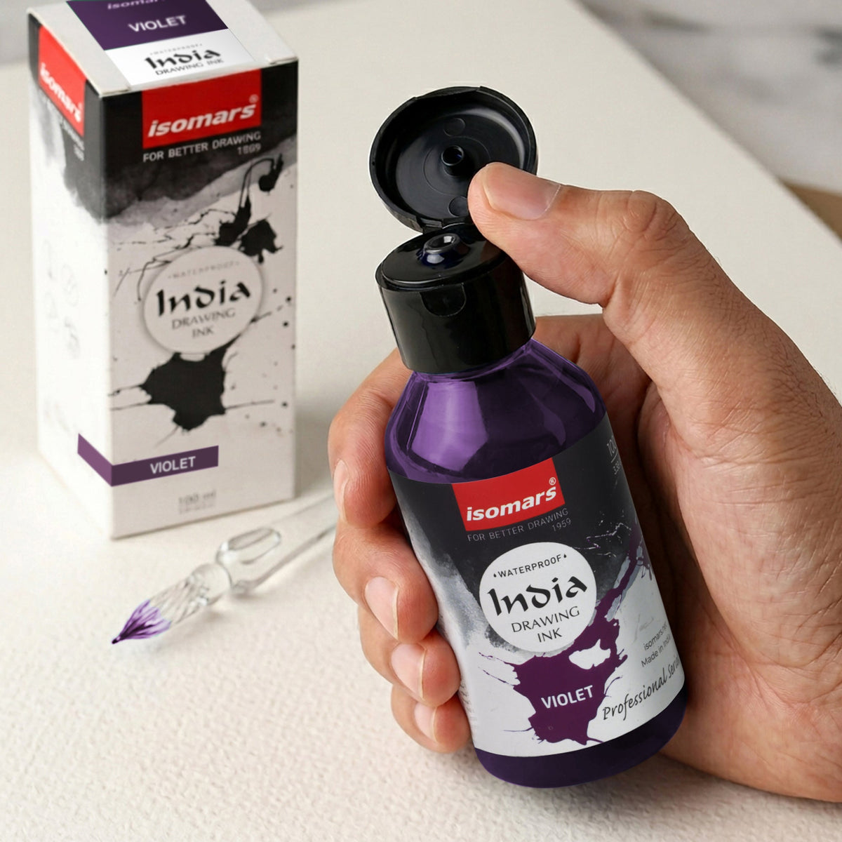India Waterproof Drawing Ink Voilet 100ml | Permanent Lightfast Artist Ink for Calligraphy, Airbrush, Illustration & Fabric Painting - Isomars
