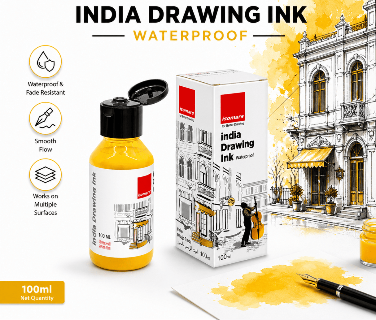 India Waterproof Drawing Ink Yellow 100ml | Permanent Lightfast Artist Ink for Calligraphy, Airbrush, Illustration & Fabric Painting - Isomars