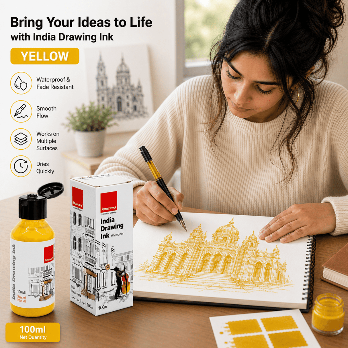 India Waterproof Drawing Ink Yellow 100ml | Permanent Lightfast Artist Ink for Calligraphy, Airbrush, Illustration & Fabric Painting - Isomars