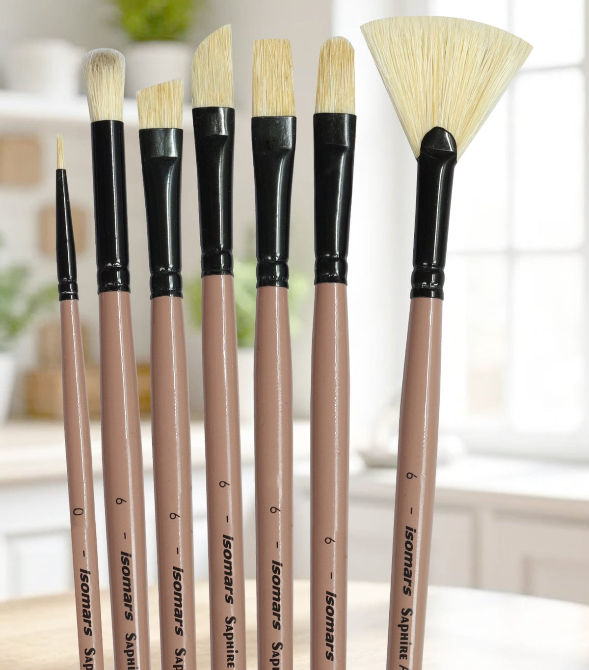 Isomar Saphire Long Handle Painter’s Paint Brush Set of 7 – Mixed Shape Brushes (Filbert, Fan, Angular, Flat, Round, Deer Foot, Dagger) Hog Hair Brushes for Acrylic & Oil Painting, Artist Brush Set - Isomars