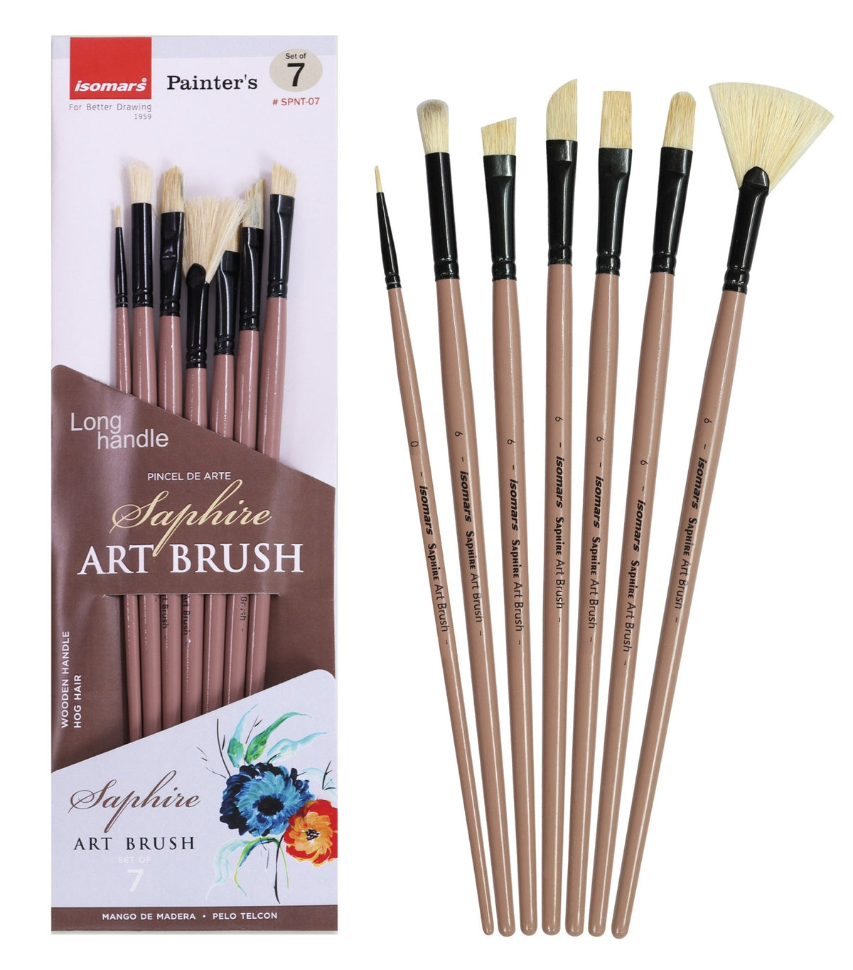 Isomar Saphire Long Handle Painter’s Paint Brush Set of 7 – Mixed Shape Brushes (Filbert, Fan, Angular, Flat, Round, Deer Foot, Dagger) Hog Hair Brushes for Acrylic & Oil Painting, Artist Brush Set - Isomars