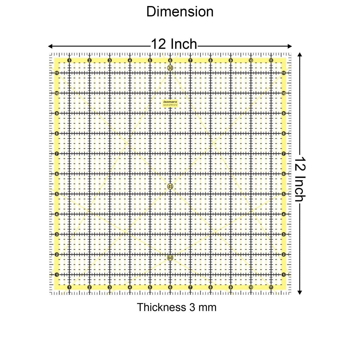 Isomars 12 x 12 Inch Garment Quilting Ruler | 3mm Clear Acrylic - Isomars