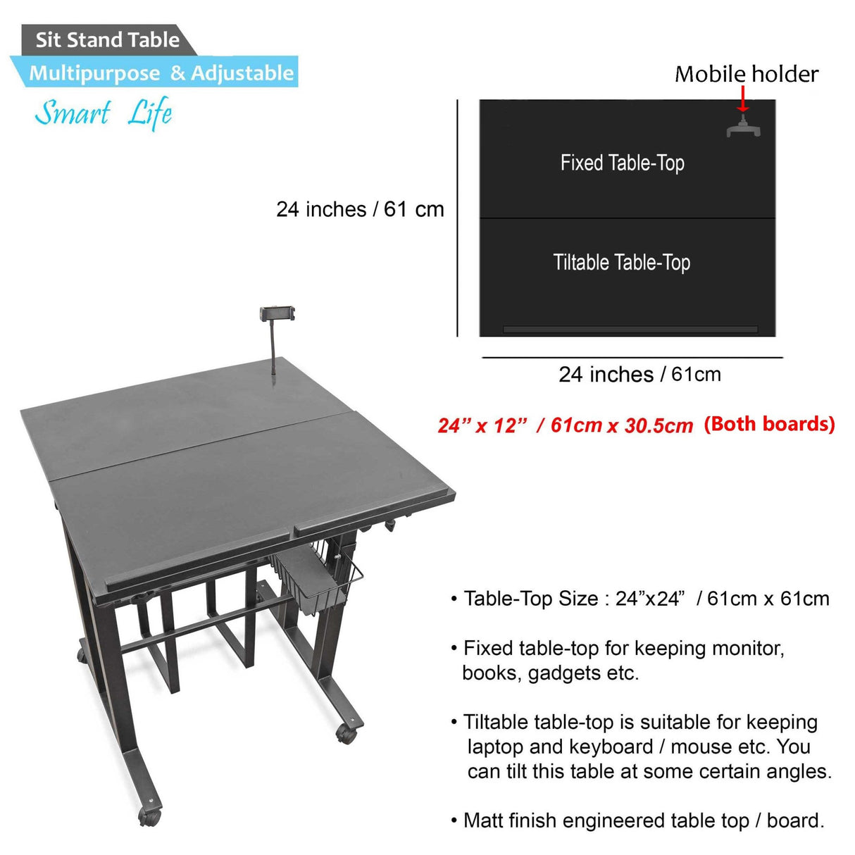 Isomars 24"/61cm Wide Made In India Desktop & Laptop Multipurpose Adjustable Table & Computer Workstation - Useful for Using Gadgets Like Desktop, Laptop etc (Black) - Isomars