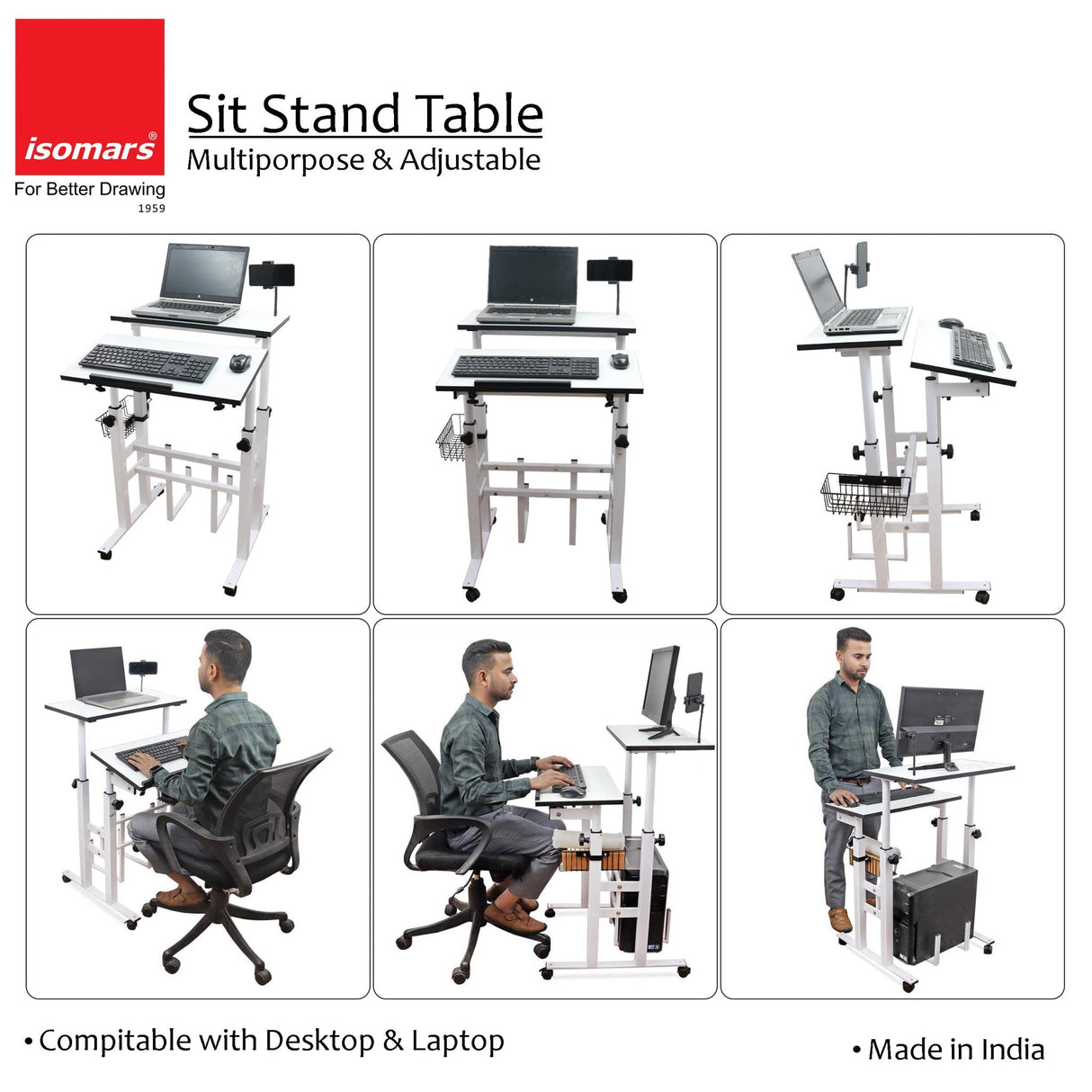 Isomars 24"/61cm Wide Made In India Desktop & Laptop Multipurpose Adjustable Table & Computer Workstation - Useful for Using Gadgets Like Desktop, Laptop, Tab/iPad etc (White) - Isomars