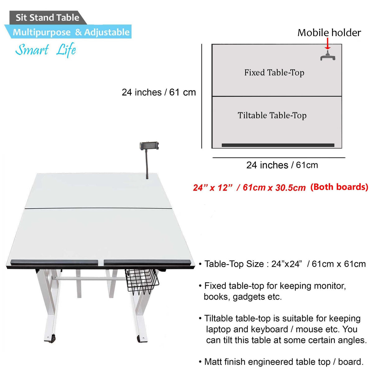 Isomars 24"/61cm Wide Made In India Desktop & Laptop Multipurpose Adjustable Table & Computer Workstation - Useful for Using Gadgets Like Desktop, Laptop, Tab/iPad etc (White) - Isomars