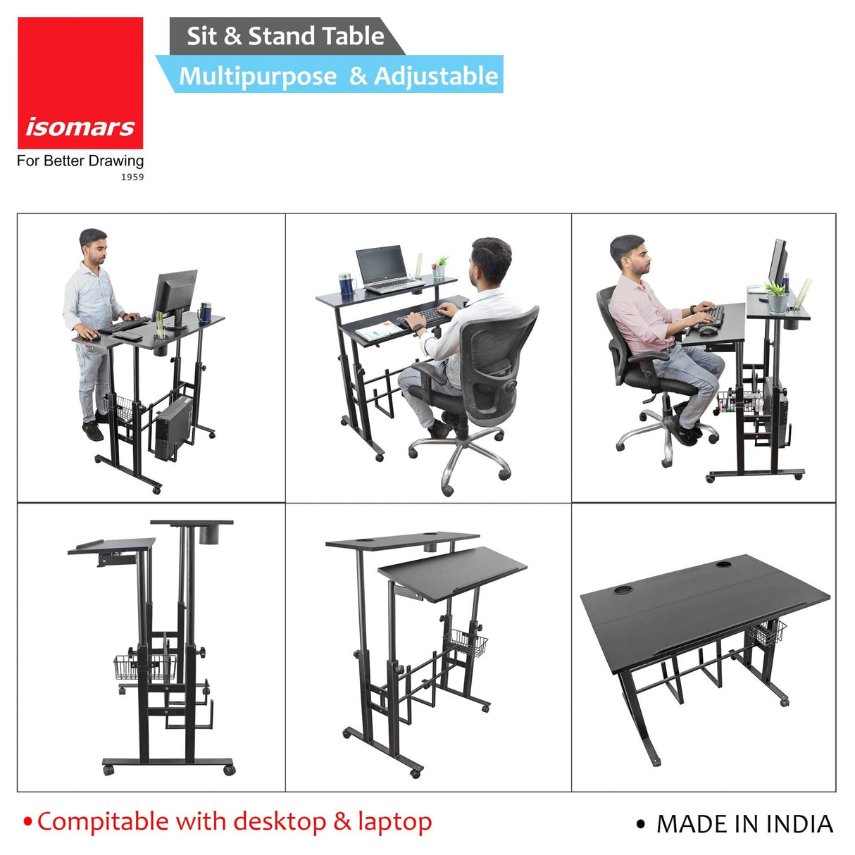 Isomars 36"/92Cm Wide Made In India Desktop & Laptop Adjustable Table & Computer Workstation - Useful For Using Gadgets Like Desktop, Laptop, Tab/Ipad, Mobile Phone Etc (Black) - Engineered Wood - Isomars