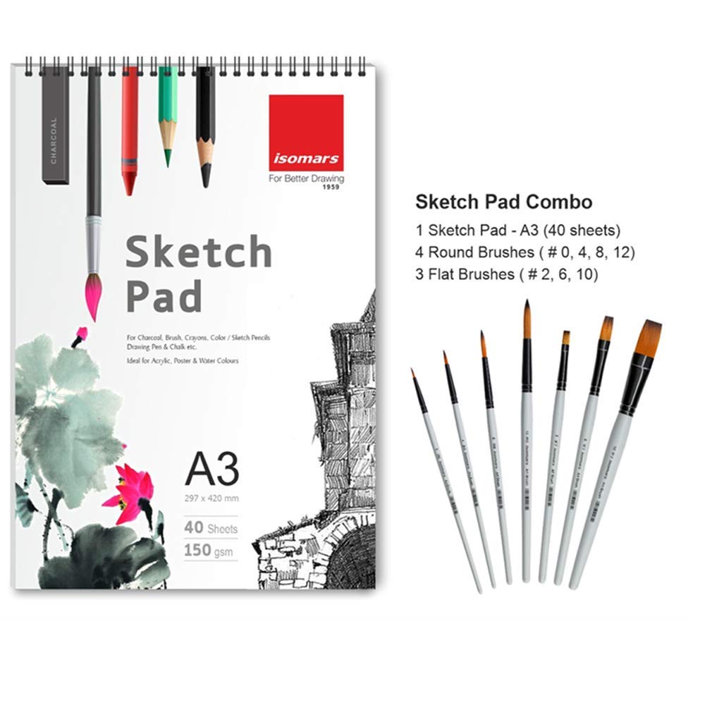 Isomars A3 Sketch Pad with Paint Brush Set of 7 | Premium Drawing & Sketching Kit for Artists - Isomars