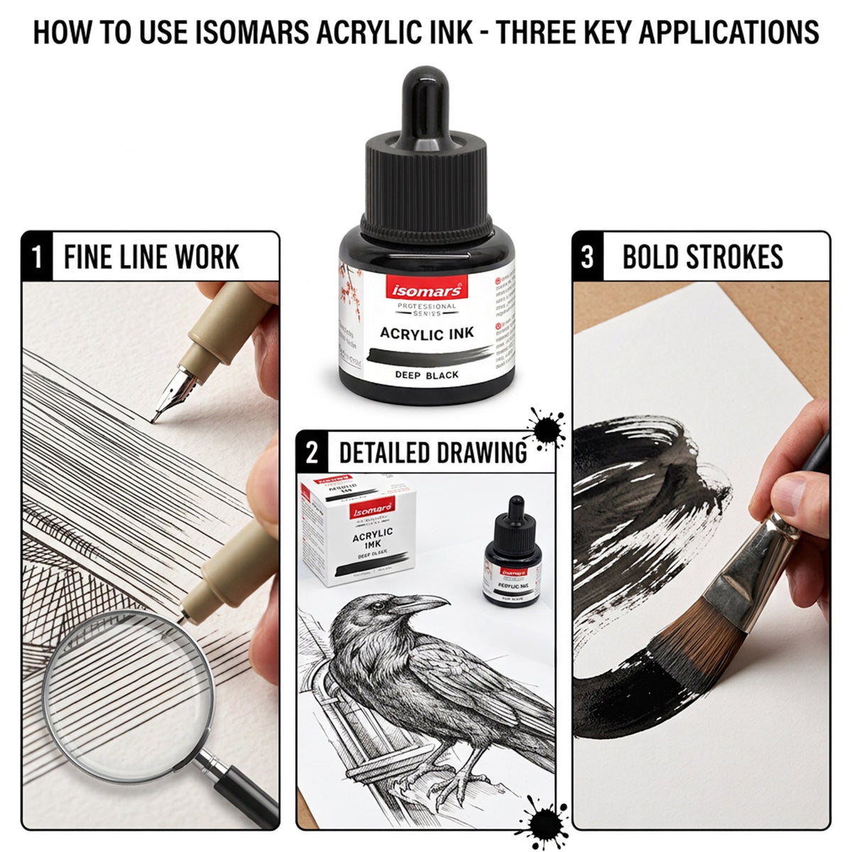 Isomars Acrylic Ink Black Set of 2, 35ml Each with Dropper - Isomars