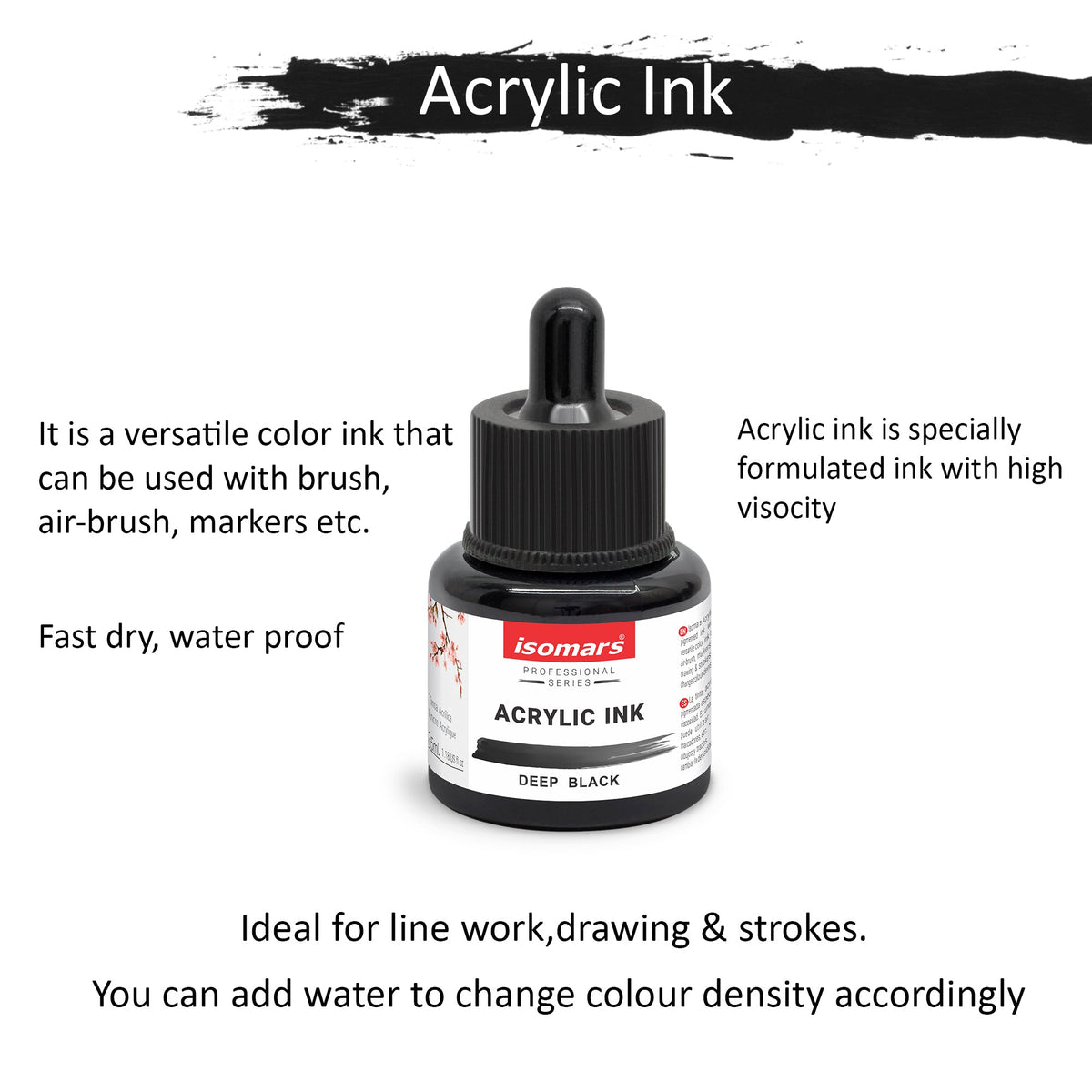 Isomars Acrylic Ink Black Set of 2, 35ml Each with Dropper - Isomars