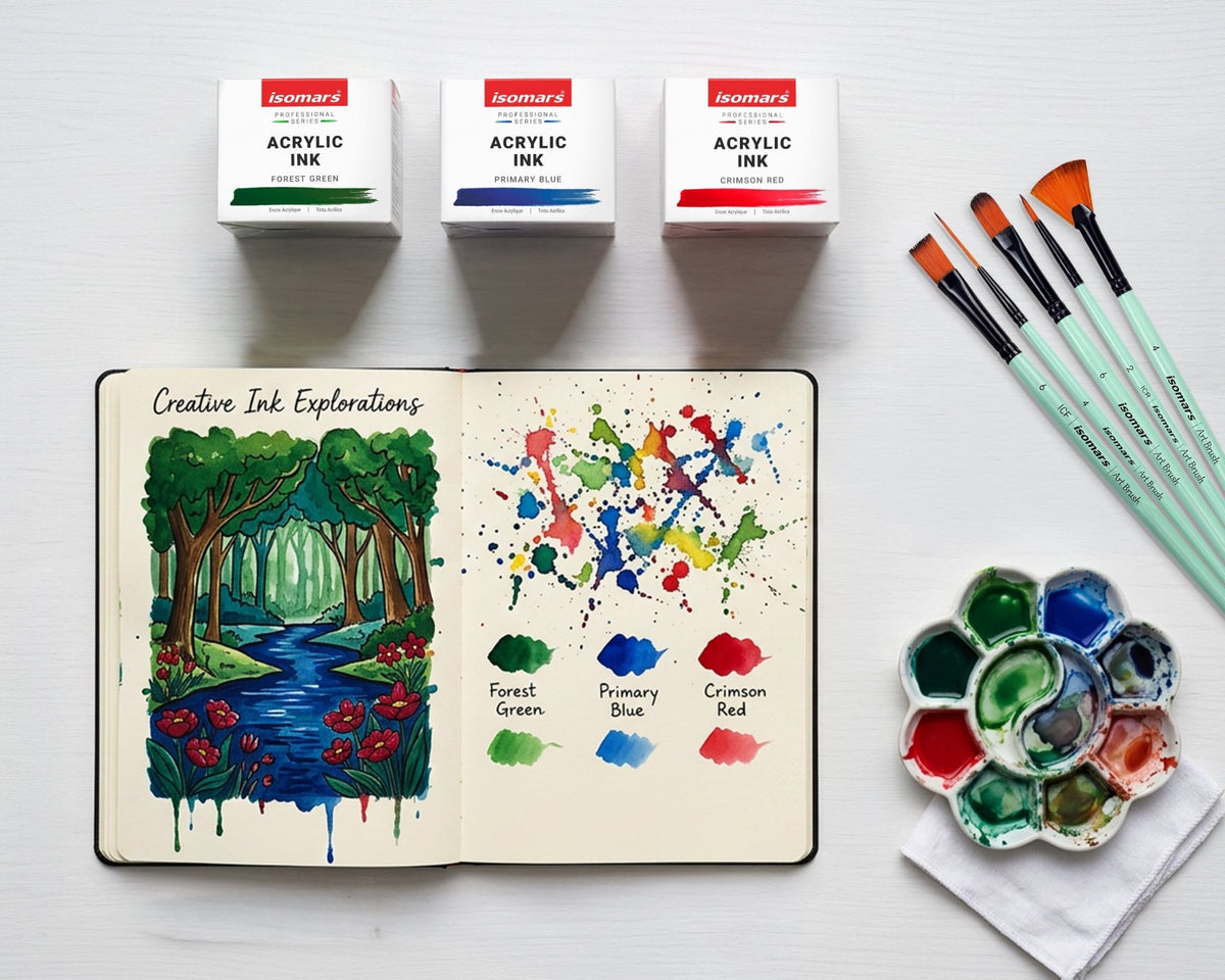 Isomars Acrylic Ink Set of 3: Crimson Red, Forest Green, Primary Blue - Isomars