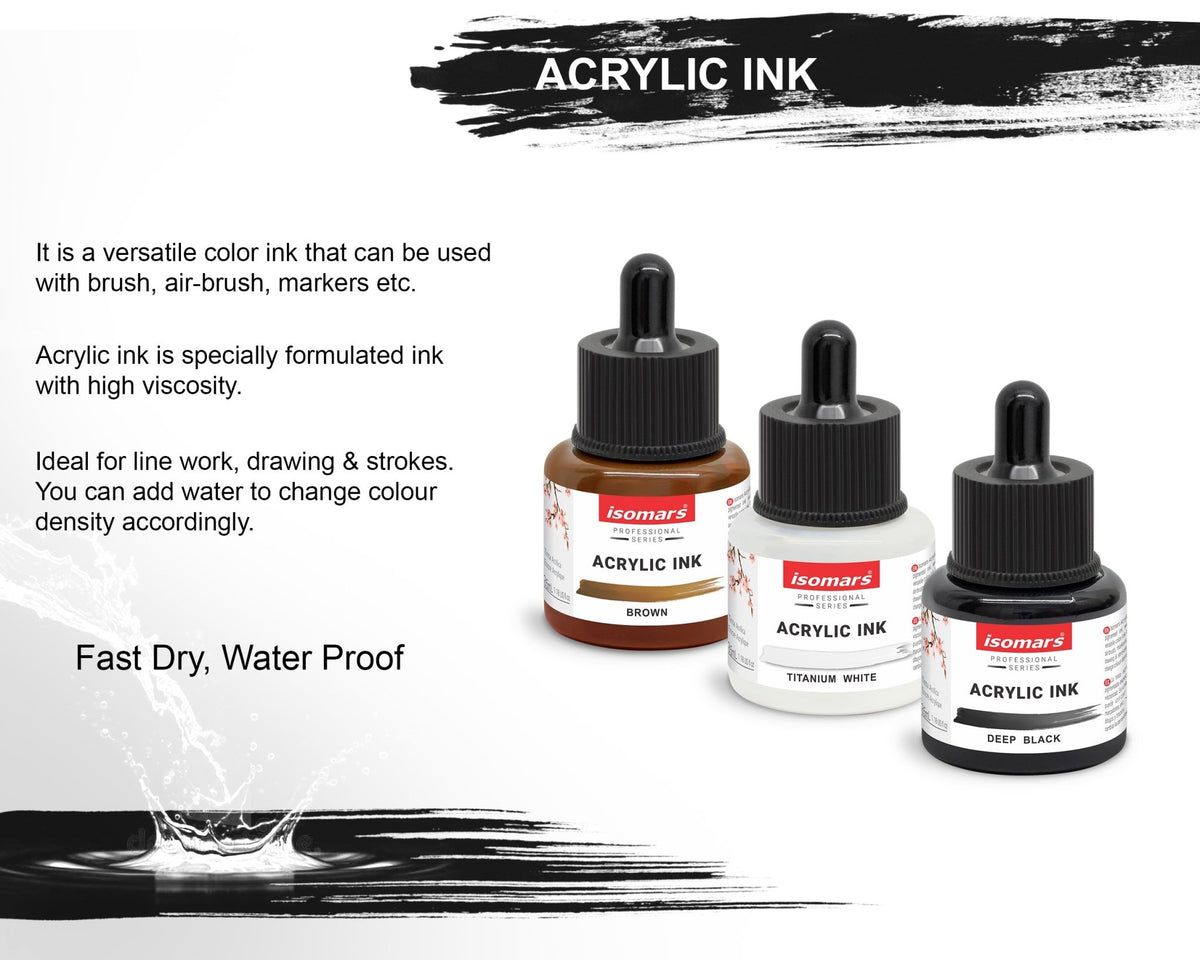 Isomars Acrylic Ink Set of 3: Deep Black, Titanium White, Brown - Isomars