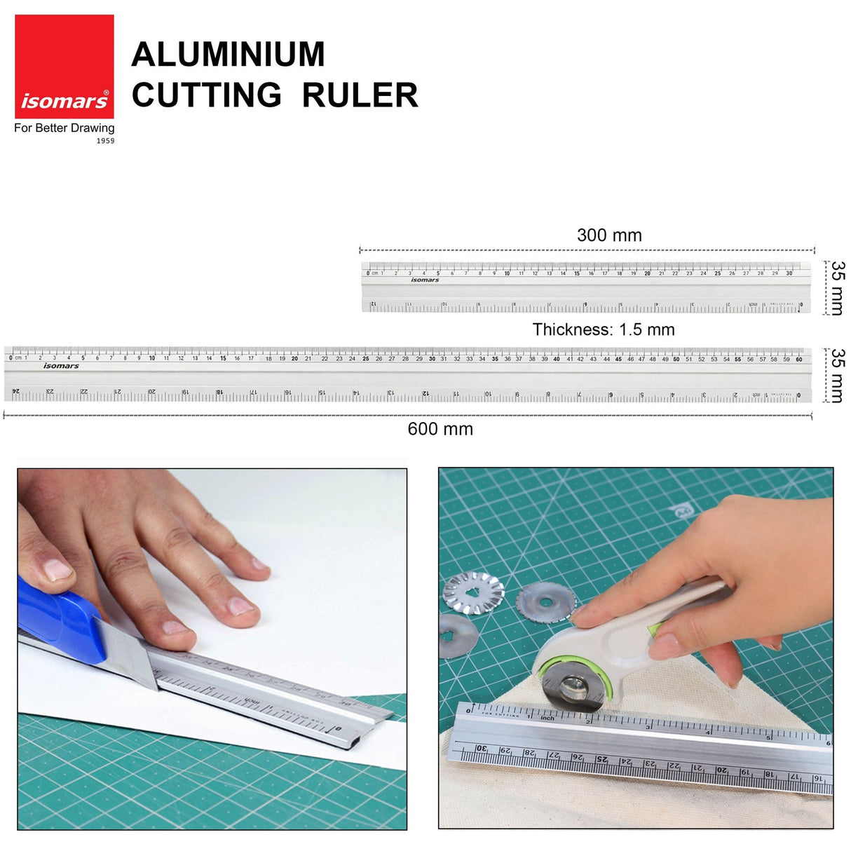 Isomars Aluminium Cutting Rulers Combo Set of 2 (12 Inch & 24 Inch) | Metal Cutting Scale with Inch & CM Markings | Non-Slip Edge for Precision Cutting, Drafting, Measuring & Craft Work - Isomars