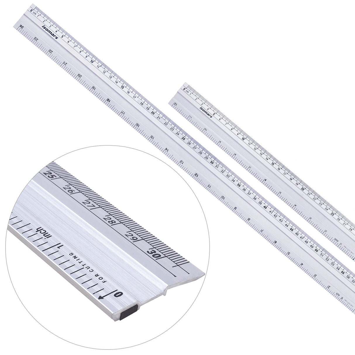 Isomars Aluminium Cutting Rulers Combo Set of 2 (12 Inch & 24 Inch) | Metal Cutting Scale with Inch & CM Markings | Non-Slip Edge for Precision Cutting, Drafting, Measuring & Craft Work - Isomars