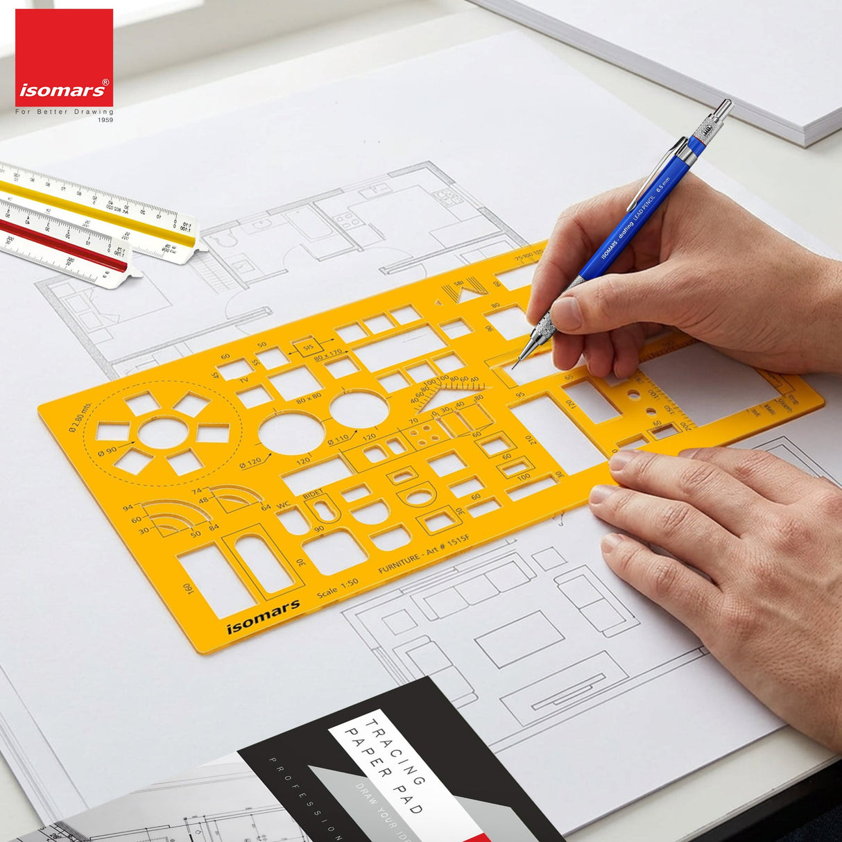 Isomars Architect Furniture Template Scale 1:50 | Professional Interior Design & Furniture Layout Drafting Stencil | Transparent Drawing Template for Architects, Interior Designers, Engineers & Students - Isomars