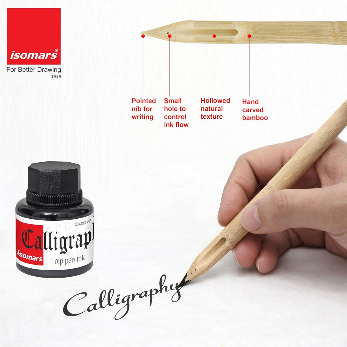 Isomars Bamboo Dip Pen Calligraphy Set with Black Ink 35ml | Hand-Carved Bamboo Calligraphy Pen for Beginners & Artists | Lettering, Sketching & Drawing Tools India - Isomars