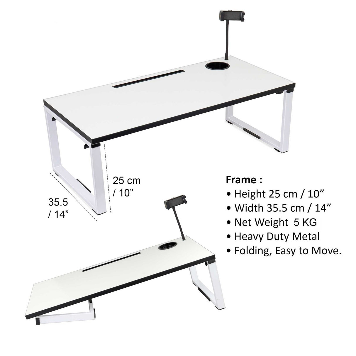 Isomars Bed Desk/Floor Desk with Mobile Holder 76cm x 35.5cm (30" x 14") Laptop Study Table for Work from Home, Online Classes, Card Games and Kid's Activities (White) - Isomars