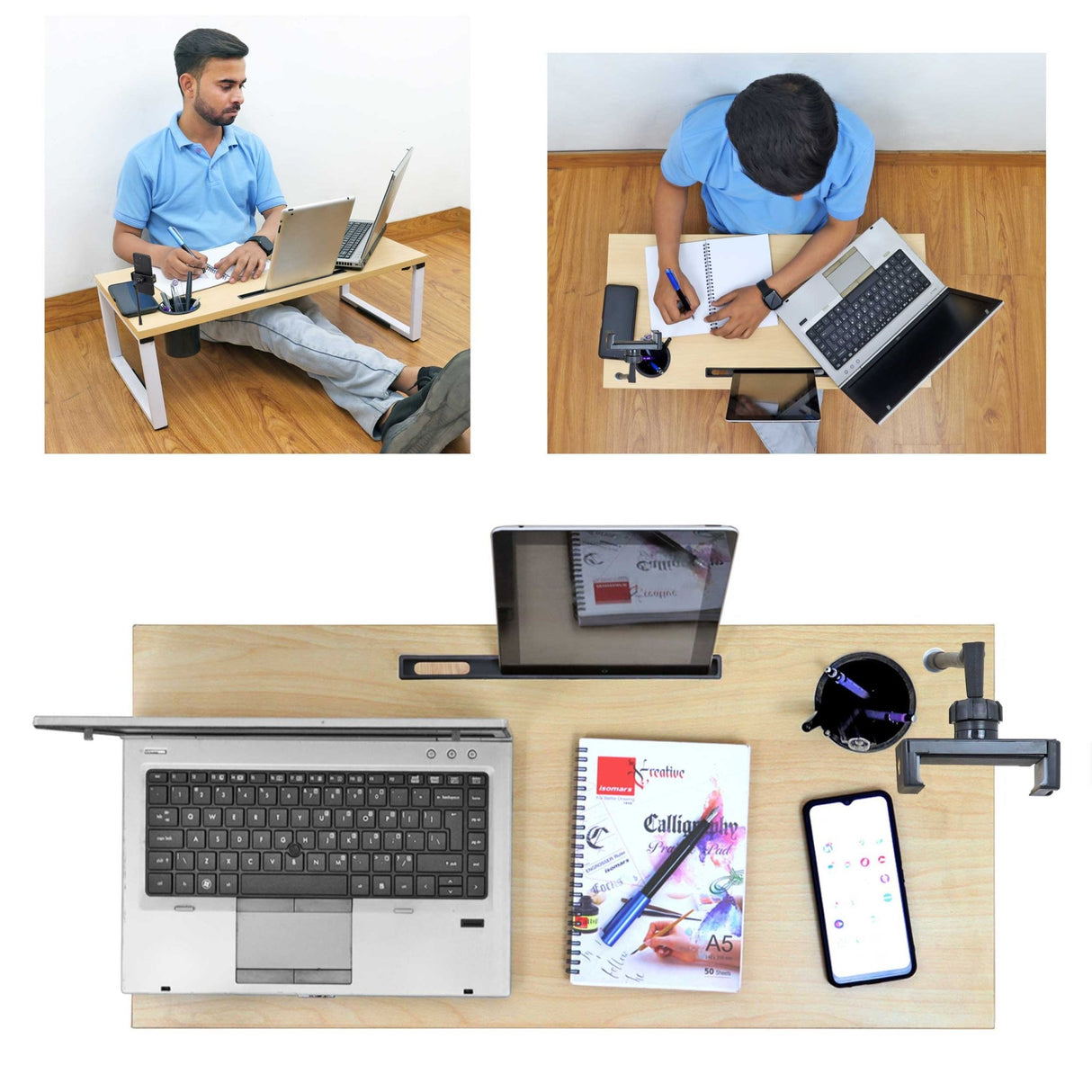 Isomars Bed Desk/Floor Desk with Mobile Holder 76cm x 35.5cm (30" x 14") Laptop Study Table for Work from Home, Online Classes, Card Games and Kid's Activities (Wooden) - Isomars