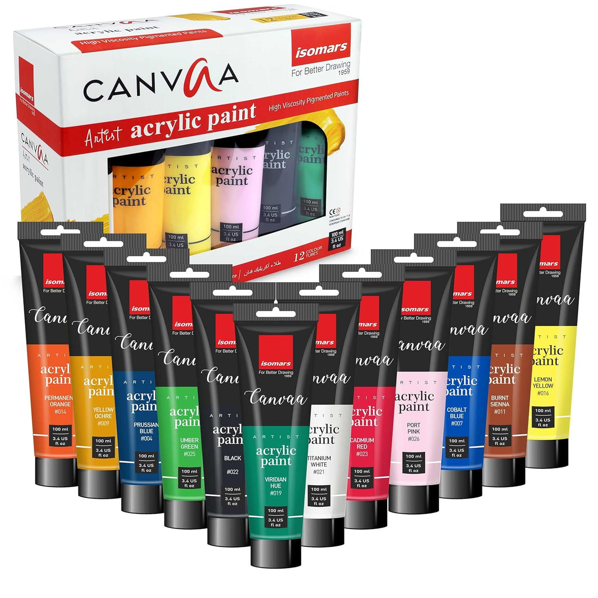 Isomars Canvaa Acrylic Paint 100ml - Set of 12 Vibrant Pigmented & Fadeproof Colors - ARTIST SERIES - For Canvas Painting, Scrap Book, Paper Board, Wood & Terracotta - Isomars