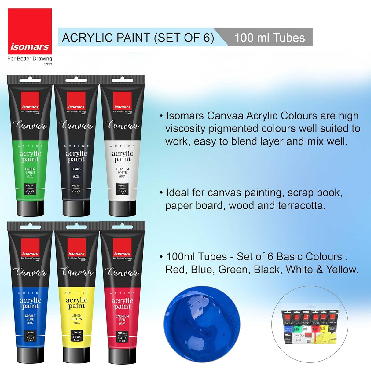 Isomars Canvaa Acrylic Paint 100ml - Set of 6 Vibrant Pigmented & Fadeproof Colors - ARTIST SERIES - For Canvas Painting, Scrap Book, Paper Board, Wood & Terracotta - Isomars