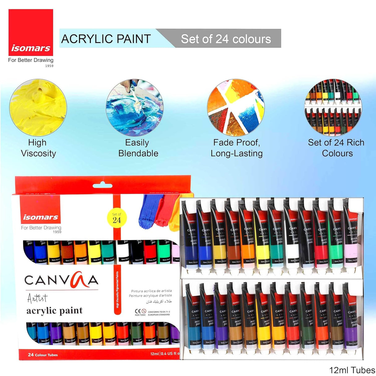Isomars Canvaa Acrylic Paint 12ml And Set of 4 Round Brush Free - Vibrant Pigmented & Fadeproof Colours 4 - ARTIST SERIES - For Canvas Painting, (12ML - Set of 24) - Isomars