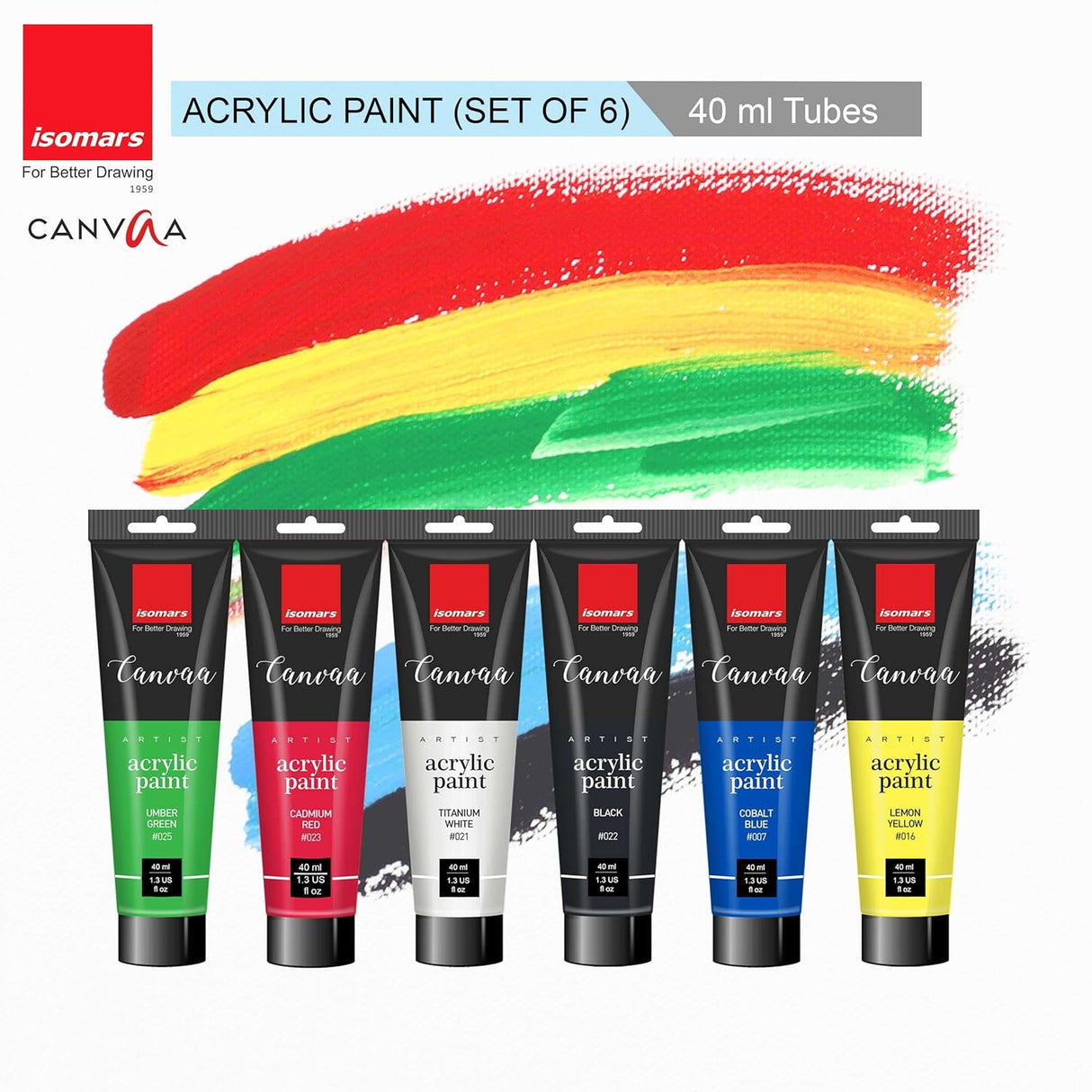 Isomars Canvaa Acrylic Paint 40ml - Set of 6 Vibrant Pigmented & Fadeproof Colors - ARTIST SERIES - For Canvas Painting, Scrap Book, Paper Board, Wood & Terracotta - Isomars