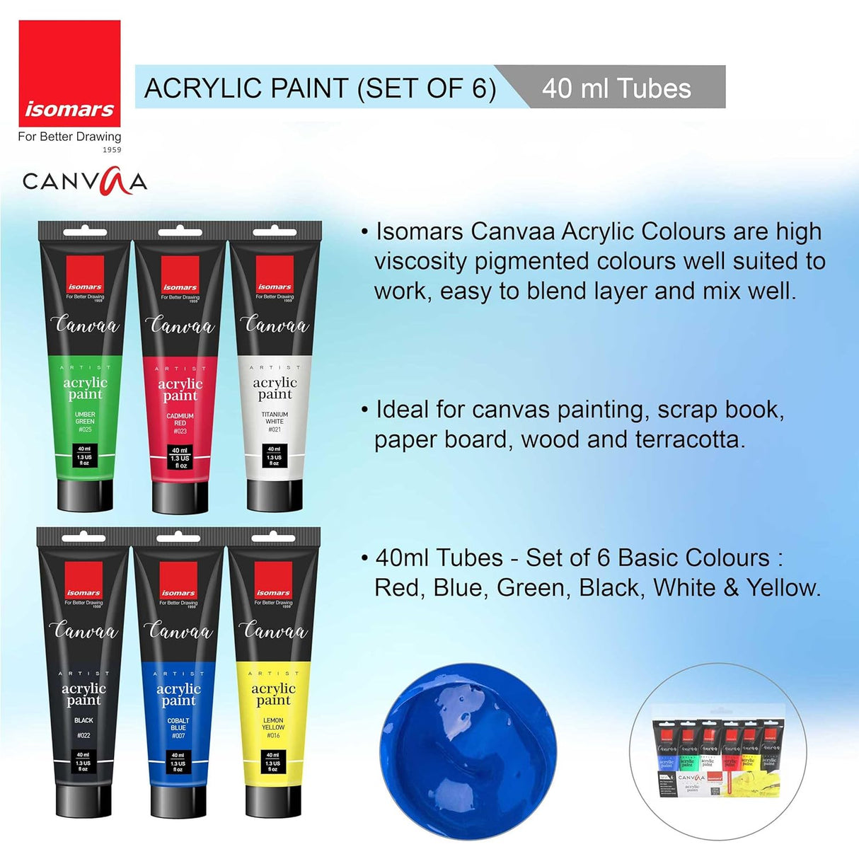 Isomars Canvaa Acrylic Paint 40ml - Set of 6 Vibrant Pigmented & Fadeproof Colors - ARTIST SERIES - For Canvas Painting, Scrap Book, Paper Board, Wood & Terracotta - Isomars