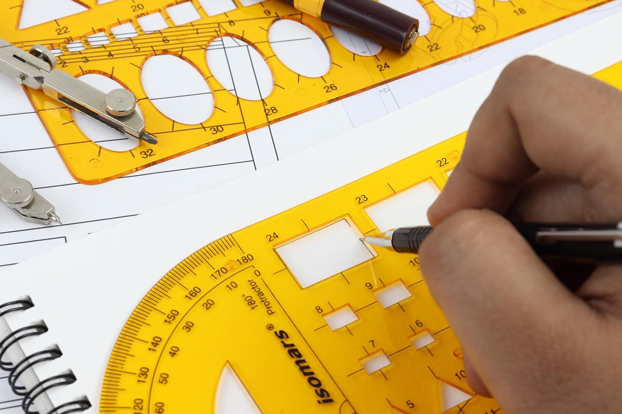 Isomars Combination Geometric Template with Protractor | Multi-Shape Drafting Stencil with Rectangles, Triangles, Ovals & Angle Scale | Drawing Tool for Architects, Engineers, Designers & Students - Isomars
