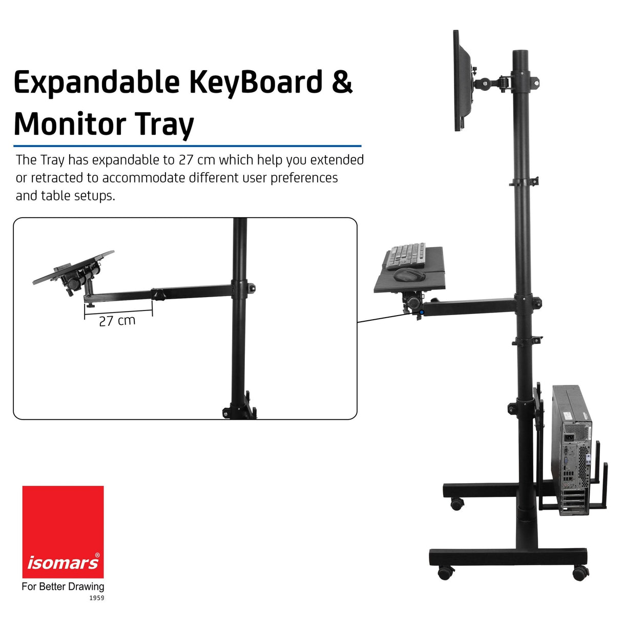 Isomars Computer Standing Desktop Workstation with Monitor Mount Adjustable Height with Keyboard & Mouse Tray Space for CPU Holder, Sit Stand Table Comes with Wheels for Easy to Move. - Isomars
