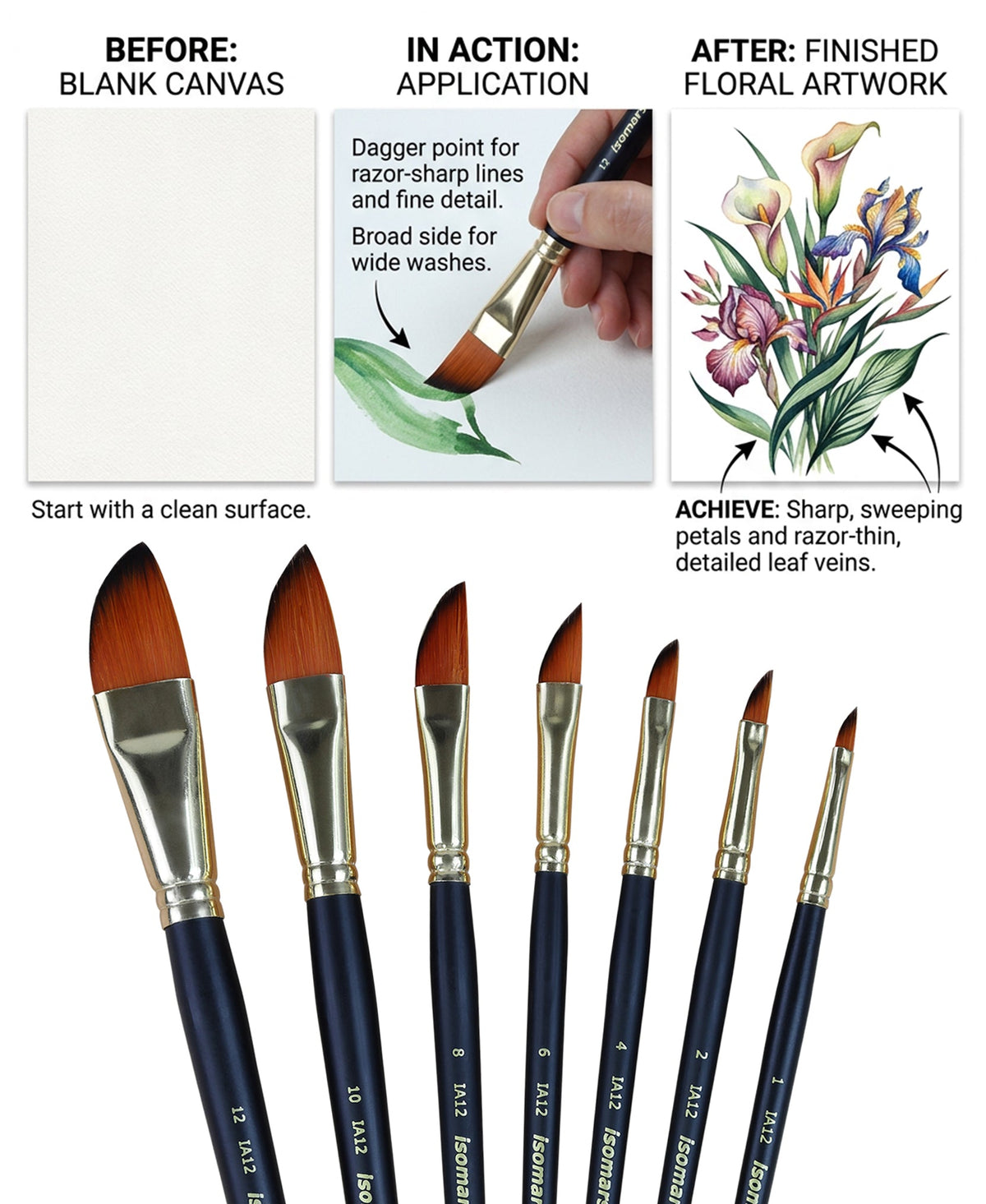 Isomars Dagger Paint Brush Set of 7 Artist Brushes for Acrylic & Watercolor - Isomars
