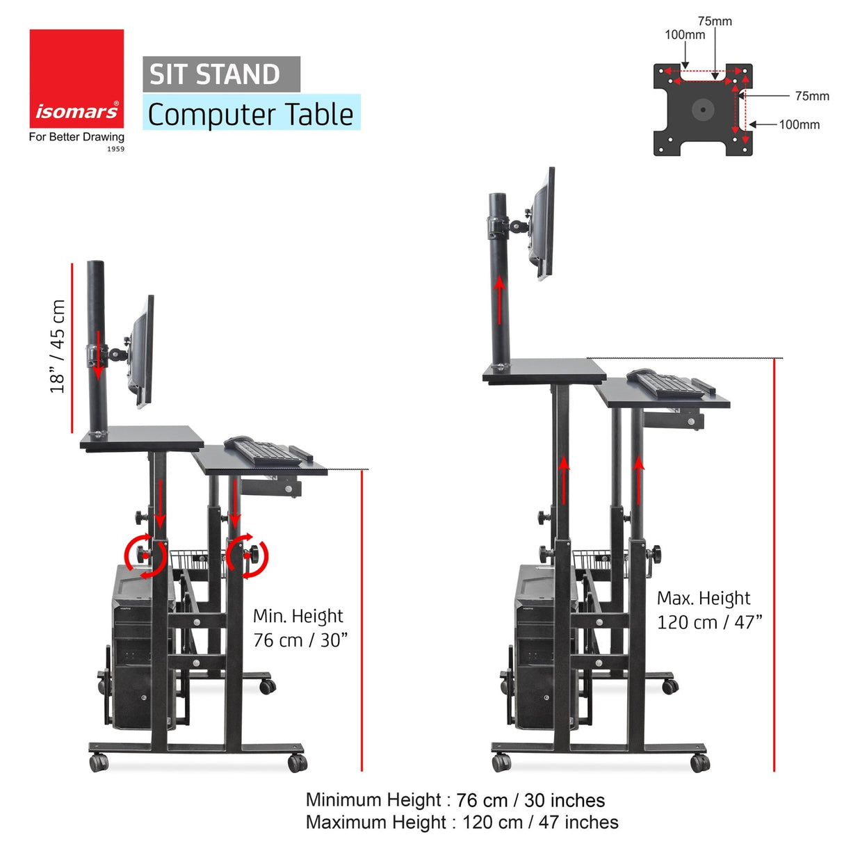 Isomars Desktop & Laptop Multipurpose Table and Adjustable Height & angles, Computer Workstation, Monitor Arm Pipe - Useful for Using Gadgets Like Desktop, Laptop Made In India (Black) - Isomars