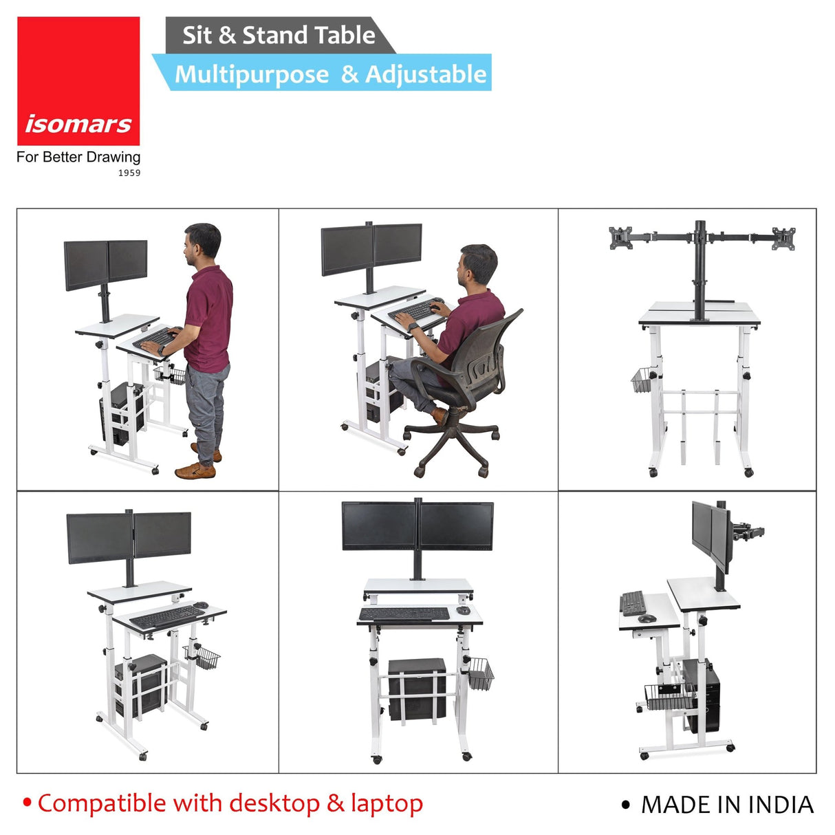 Isomars Desktop Table with dual Monitor Mount - Adjustable Height & Angles, Computer Workstation Useful for Gadgets Like Desktop, Laptop- Made in India (white). - Isomars