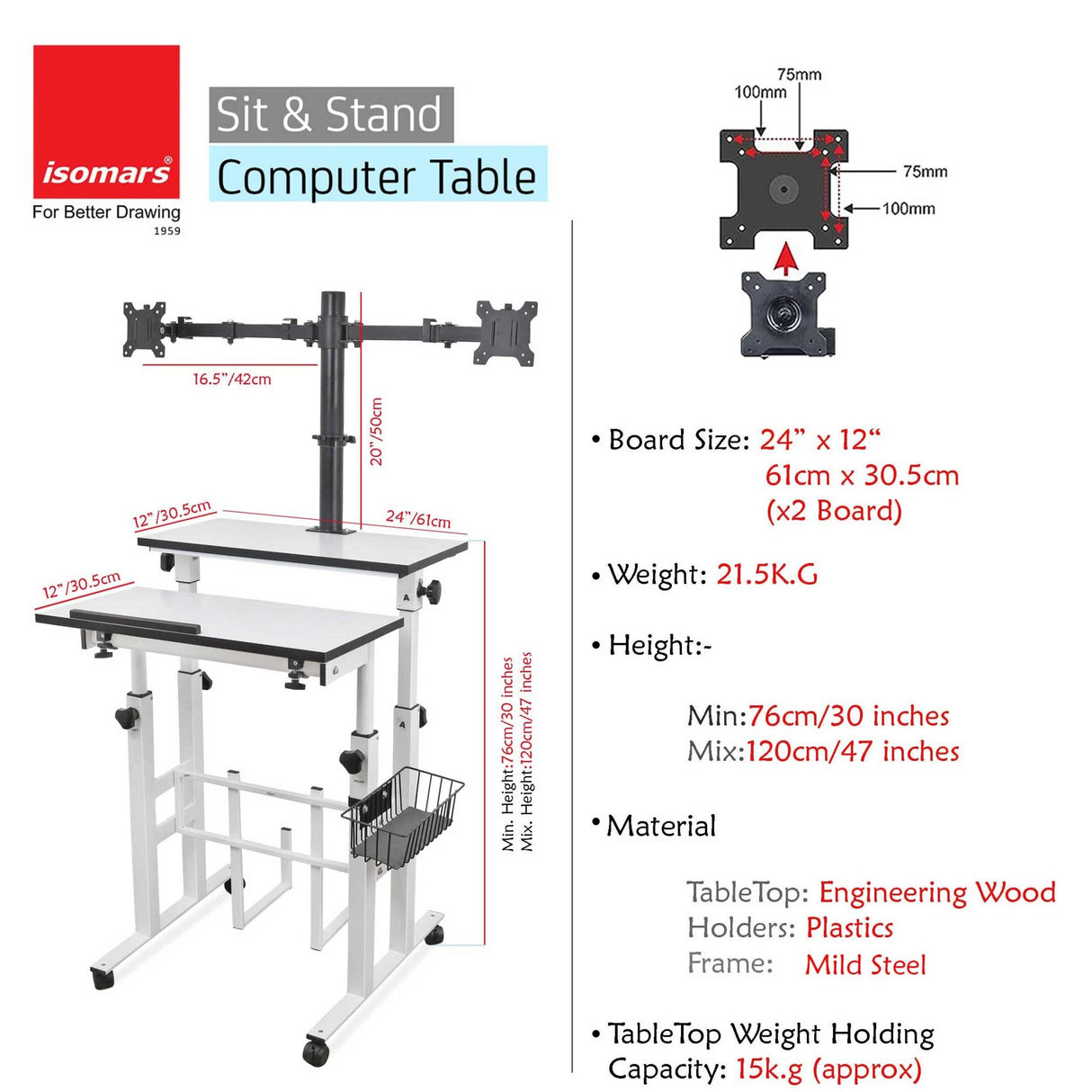 Isomars Desktop Table with dual Monitor Mount - Adjustable Height & Angles, Computer Workstation Useful for Gadgets Like Desktop, Laptop- Made in India (white). - Isomars