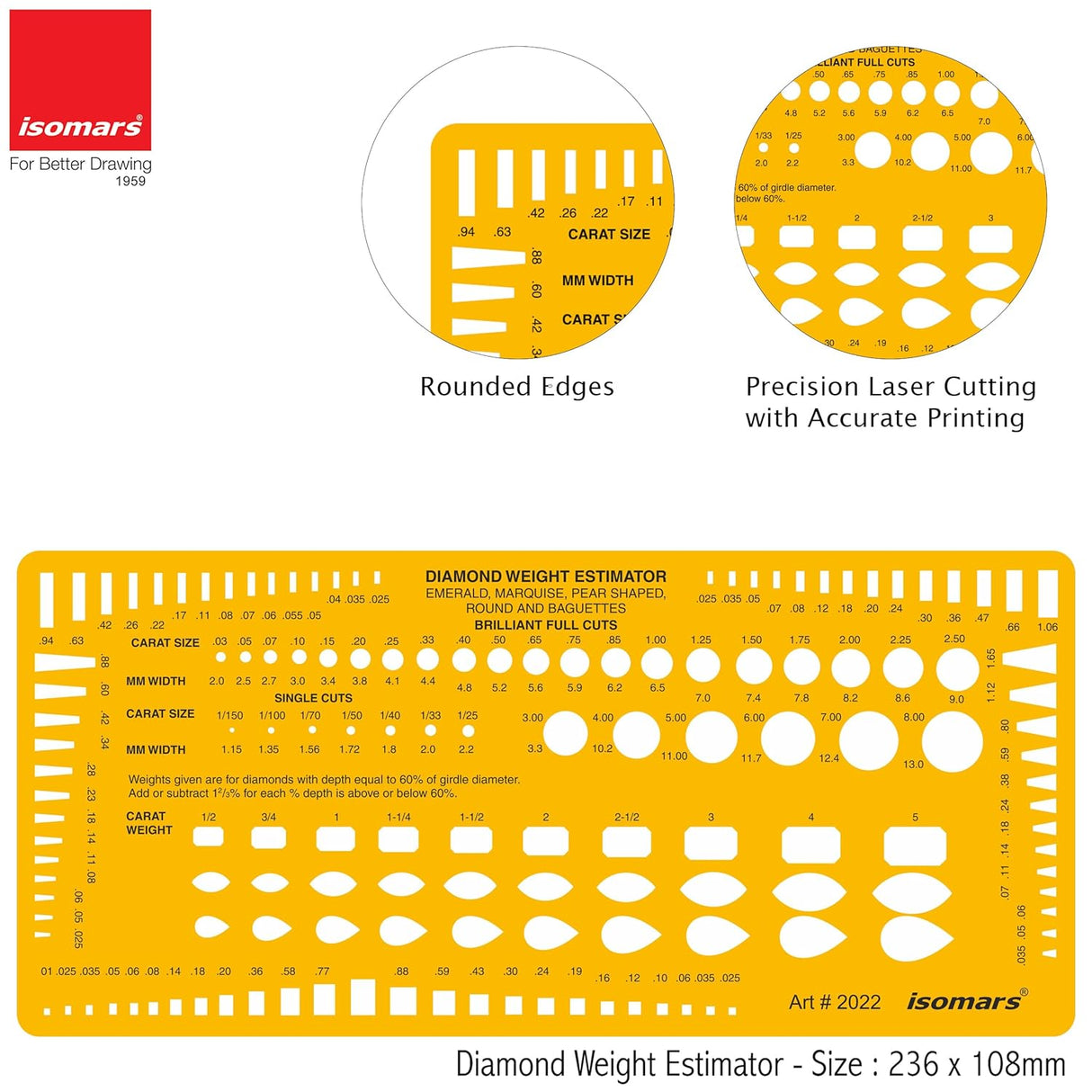 Isomars Diamond Weight Estimator with Multiple Cut Jewelry Design Drawing Drafting Template Stencil - 236 x 108mm - Isomars
