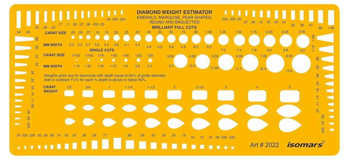Isomars Diamond Weight Estimator with Multiple Cut Jewelry Design Drawing Drafting Template Stencil - 236 x 108mm - Isomars