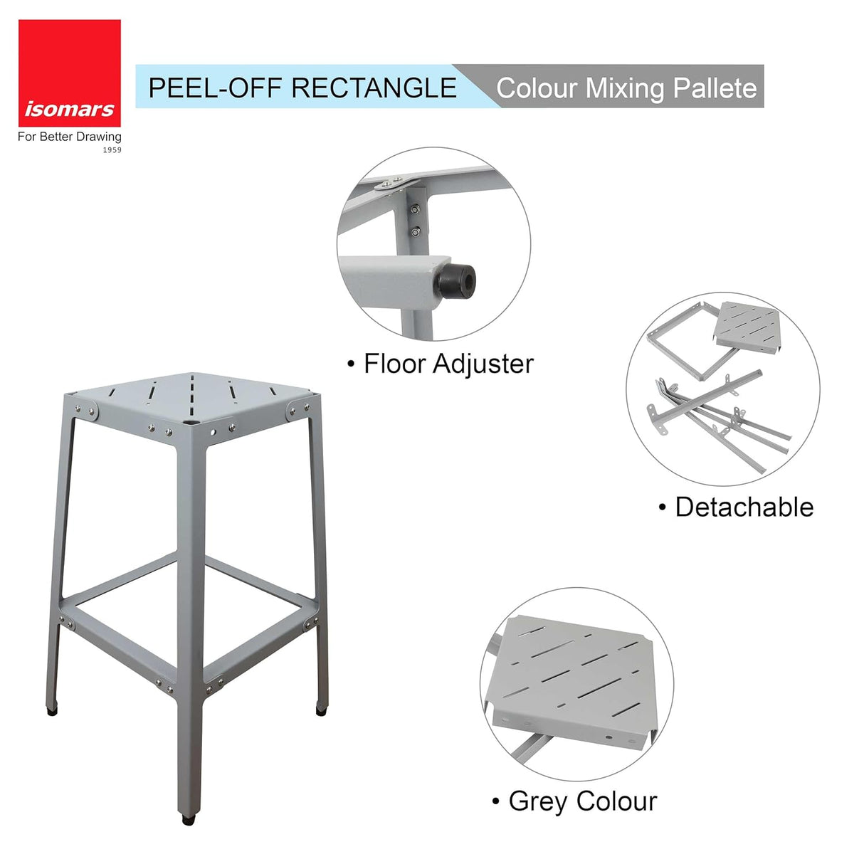 Isomars Drafting Metal Stool - Detachable Stool for Engineers, Architects, Draughtsman with 24" Height & Seat Size 10.5" Full Metal Body (Grey) - Isomars
