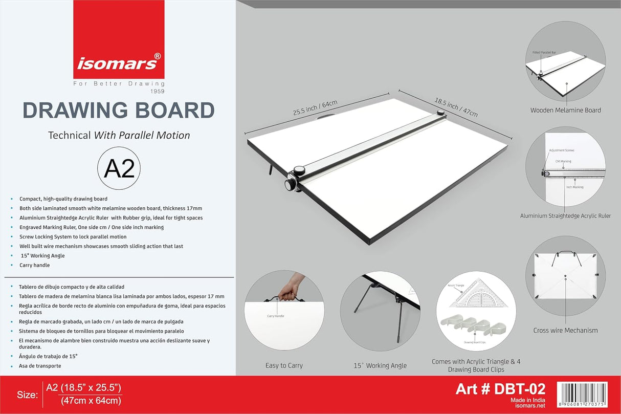 Isomars Drawing and Drafting Architect Kit Comes with Technical Board With Parallel Motion Ruler - A2 Size - 18.5" x 25" Includes Set Square, Mechanical Pencil, French Curve, Technical Compass - Isomars