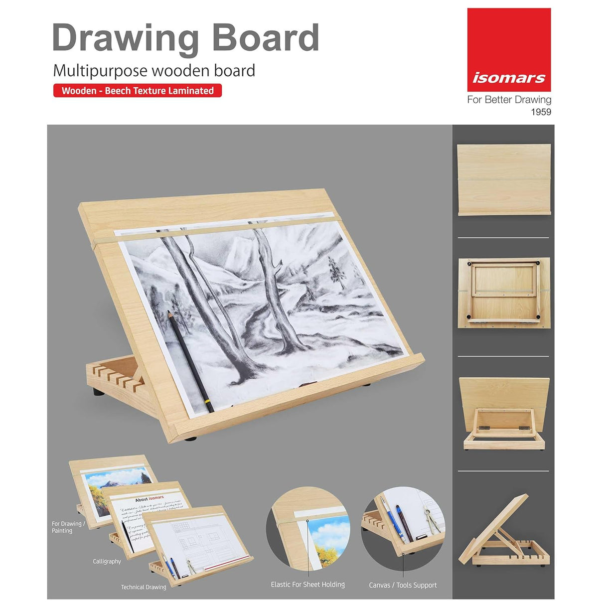 Isomars Drawing Board - Table Model - with 6 Different Working Angles - Drawing & Drafting Board with Elastic Support - A3 - Isomars