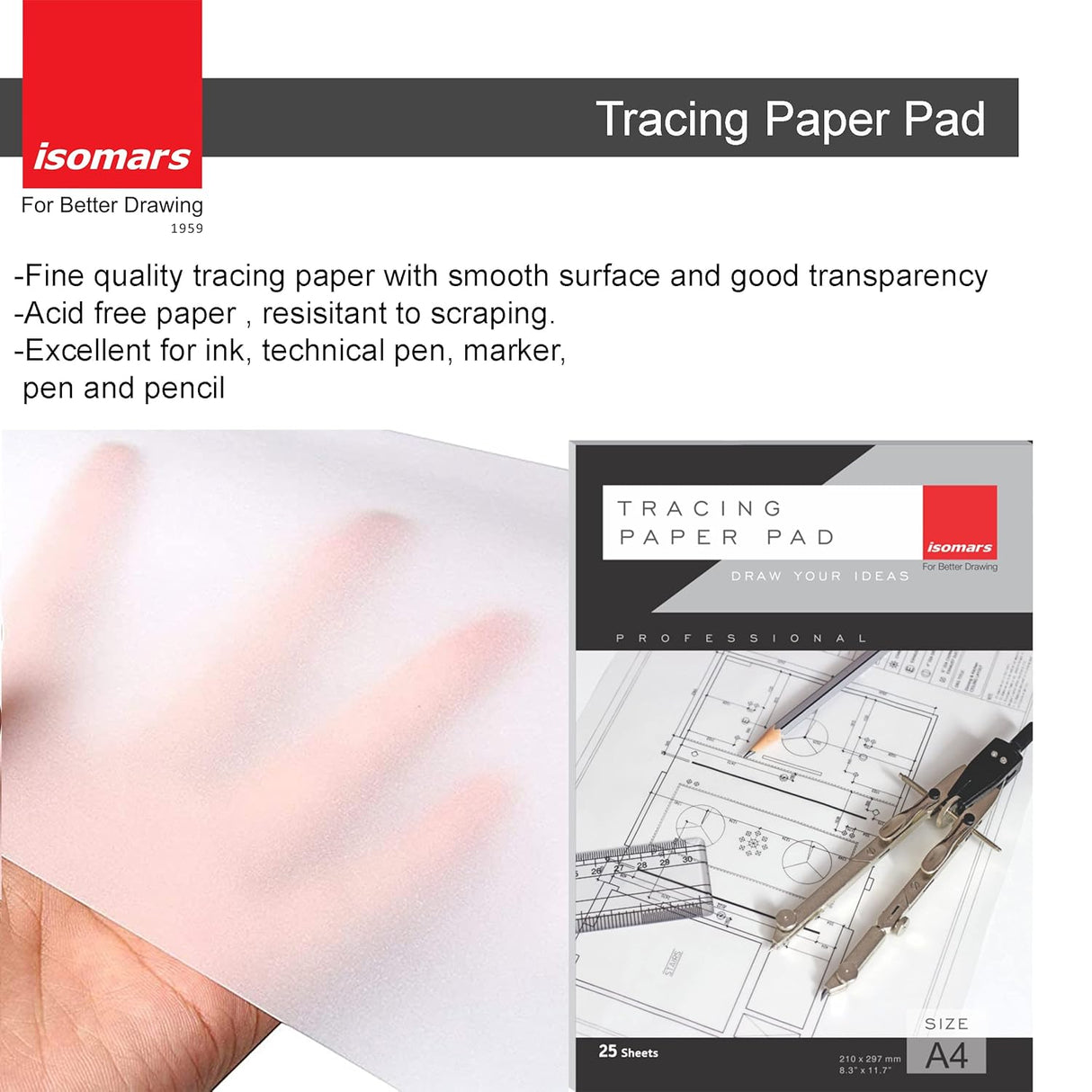 Isomars Drawing & Drafting Kit with 18.5" x 25" Drawing Board Drafting Board, Engineering Template, Pencil, Compass Set, T-Scale-24 Set Square Tracing Paper Pad-A4 Pro-Circle & Rolling Ruler - Isomars