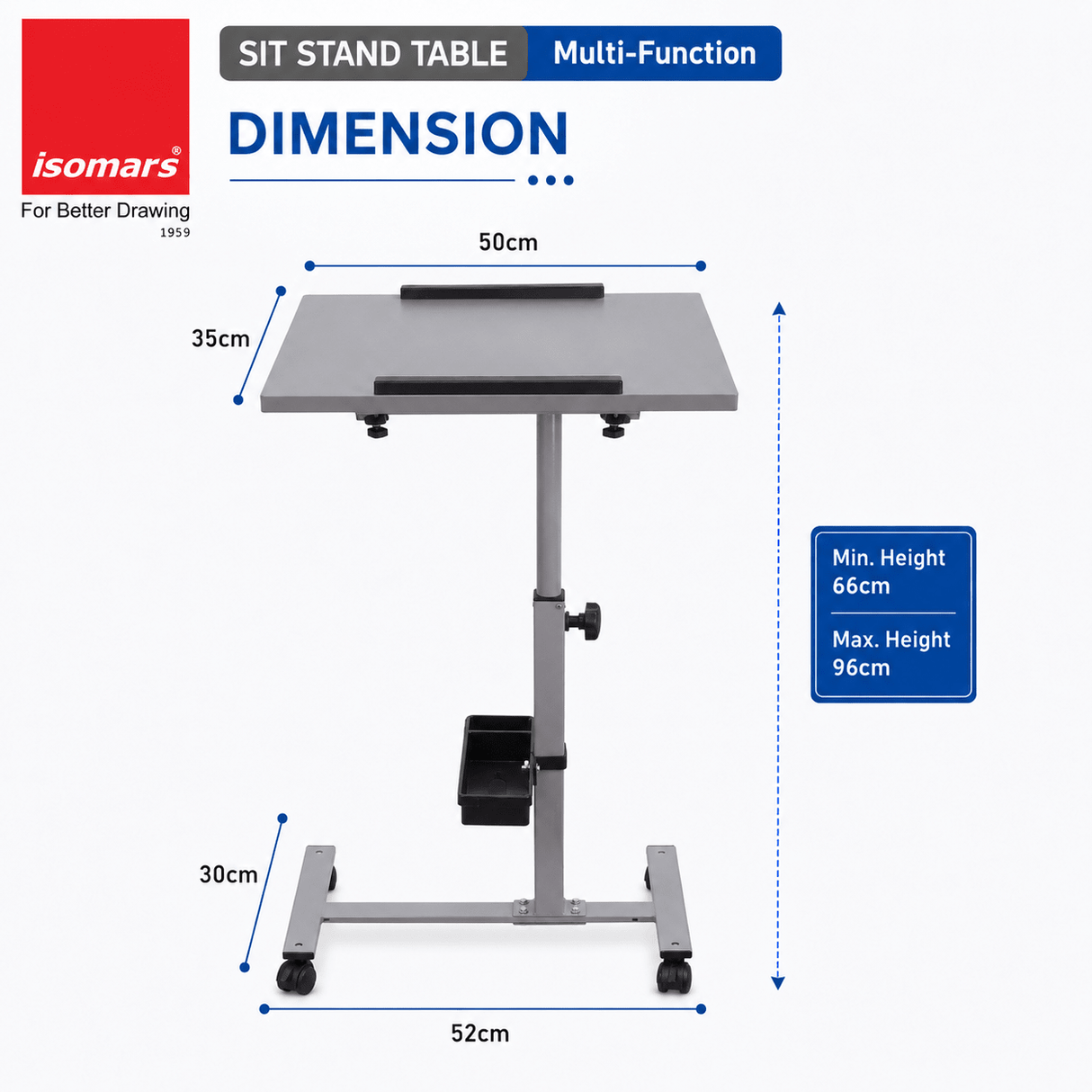 Isomars Engineered Wood Standing Table | Adjustable Height & Angle Multipurpose Laptop Study Desk with Lockable Wheels | Sit Stand WFH, Online Class, Breakfast & Bedside Table (Grey) - Isomars