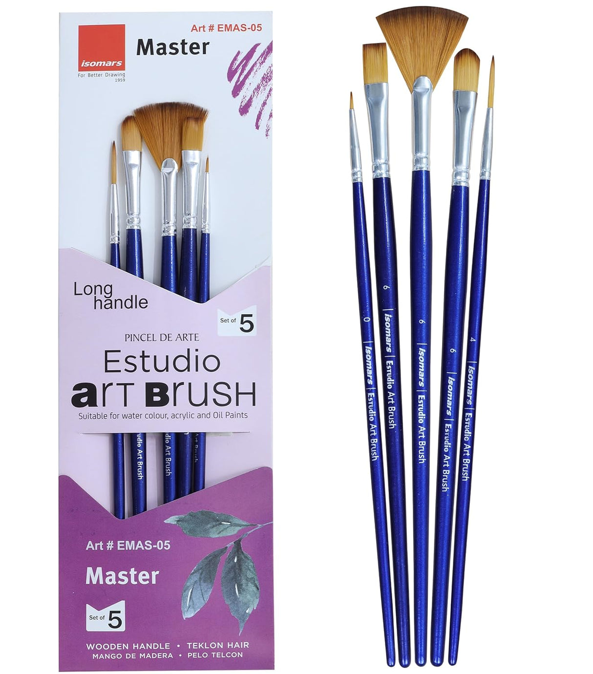 Isomars Estudio Art Brush Set of 5 | Professional Synthetic Long Handle Paint Brushes for Acrylic, Watercolor & Oil Painting | Flat, Fan, Oval, Round & Detail Artist Brushes for Blending, Shading & Fine Detailing - Isomars