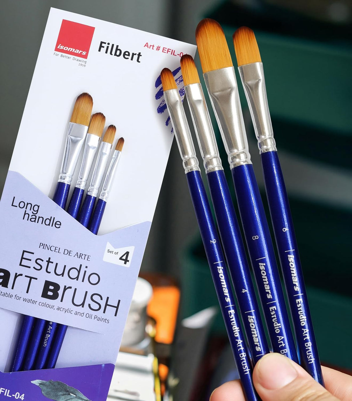 Isomars Estudio Filbert Paint Brush Set of 4 | Professional Synthetic Long Handle Filbert Artist Brushes for Blending, Soft Edges, Curved Strokes & Shading | Acrylic, Watercolor, Oil & Gouache Painting - Isomars