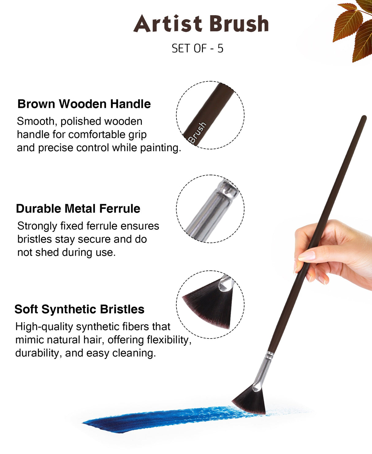Isomars Extra Long Handle Artist Mix Paint Brush Set of 5 for Acrylic, Watercolor & Oil Painting - Isomars