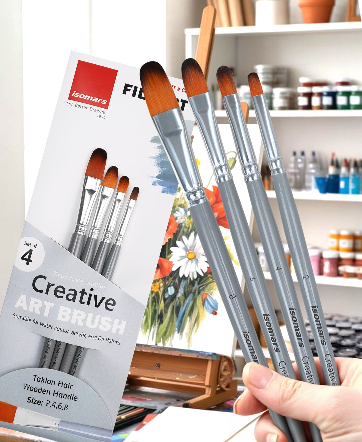 Isomars Filbert Paint Brush Set of 4 - Taklon Hair, Sizes 2, 4, 6, 8 - Isomars